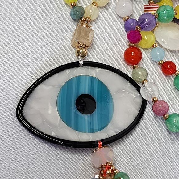 Unique Long Mixed Media Bead Evil Eye  Necklace New - Picture 4 of 9